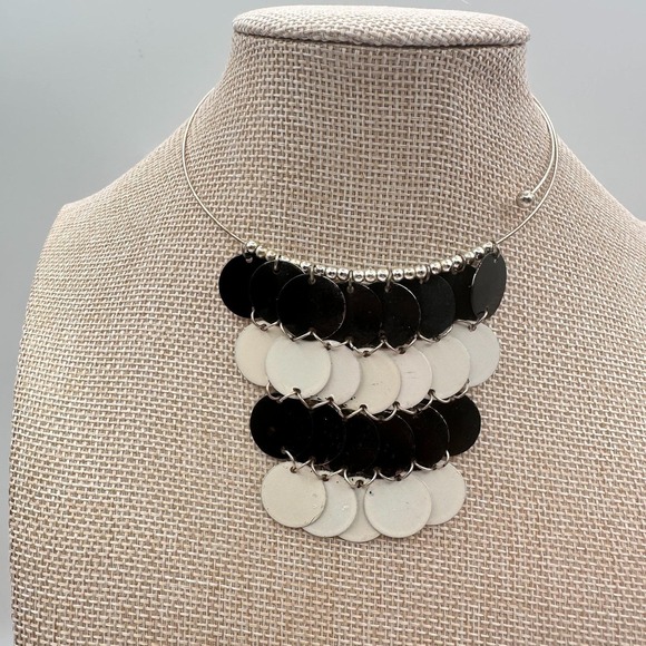 Vintage 90s Modern Black White Enamel Disc Bib Choker Metal Torque Women Jewelry - Picture 7 of 8